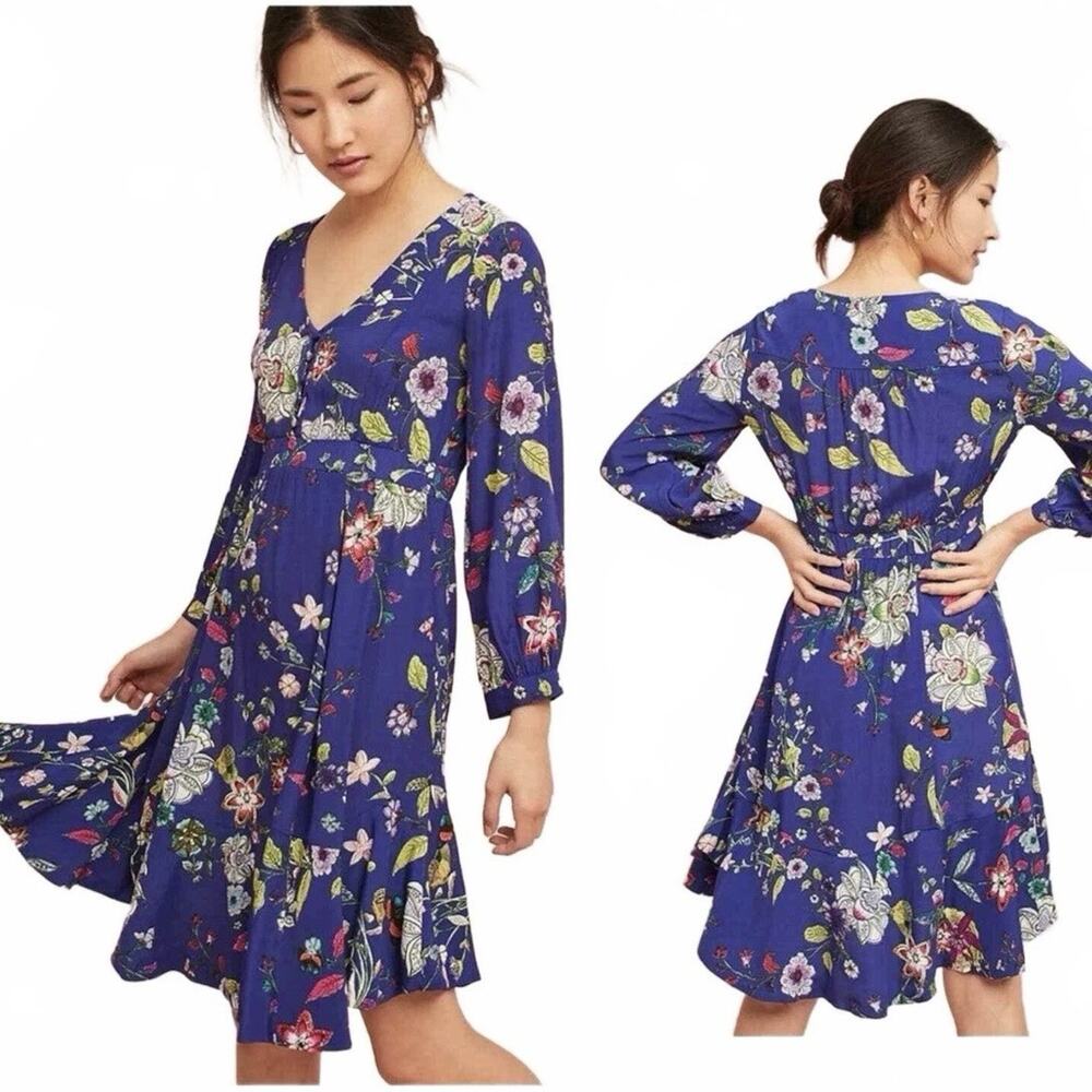 Anthropologie Maeve Dress Small Blue Floral Long Sleeve Fit and Flare Colorful